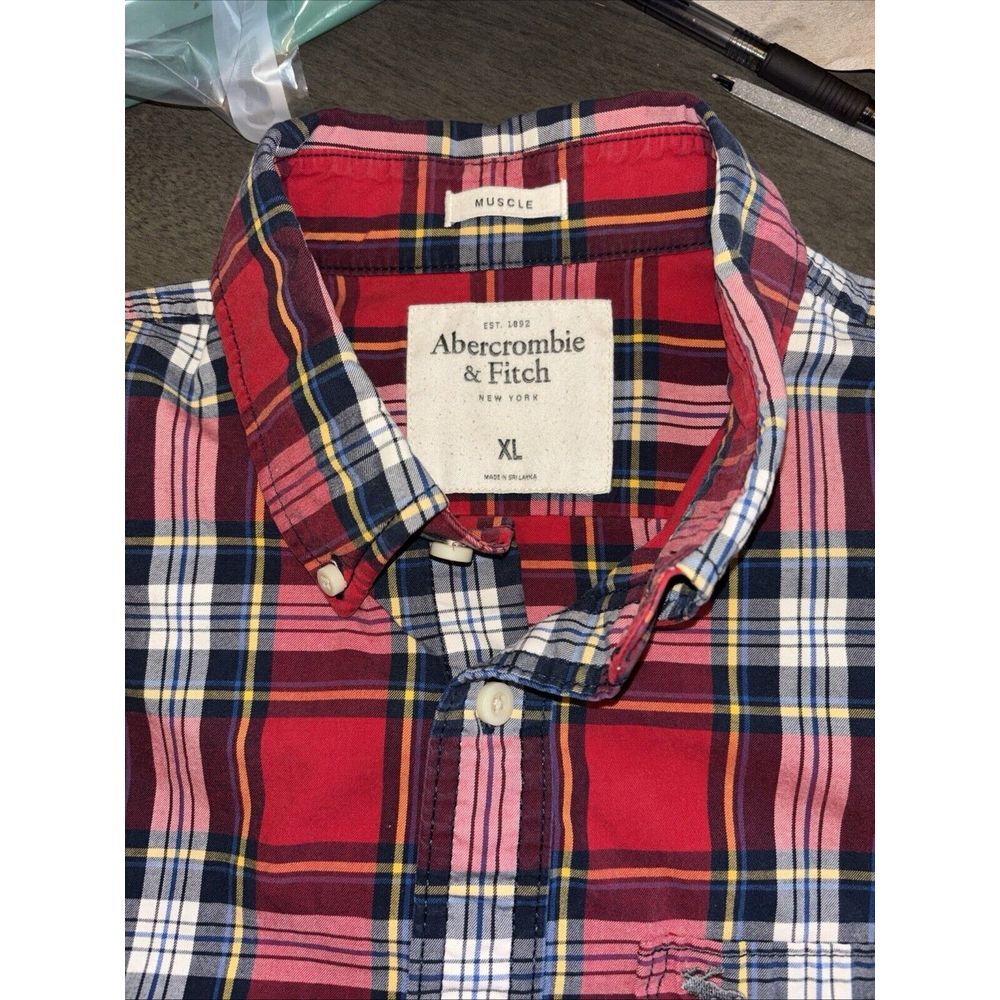 Abercrombie & Fitch Muscle Shirt Long Sleeve Cotton Red, Blue & White Plaid XL